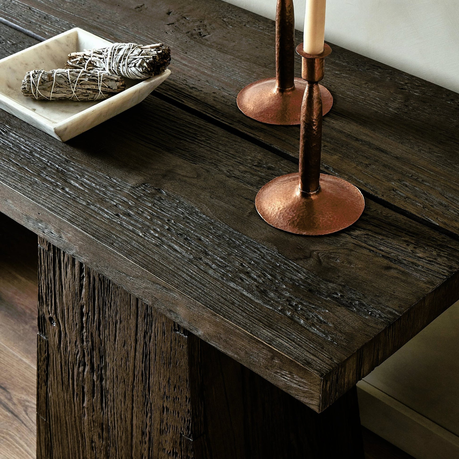 Atlas Console Table by Four Hands in smoked alder. Made from resawn alder, engineered hardwood in a modern style.