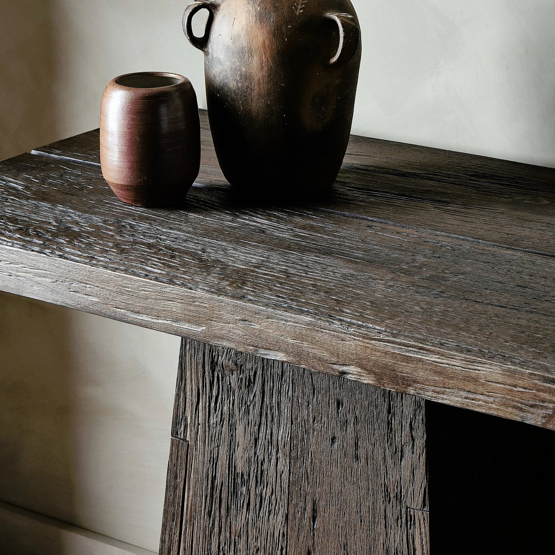 Atlas Console Table by Four Hands in smoked alder. Made from resawn alder, engineered hardwood in a modern style.
