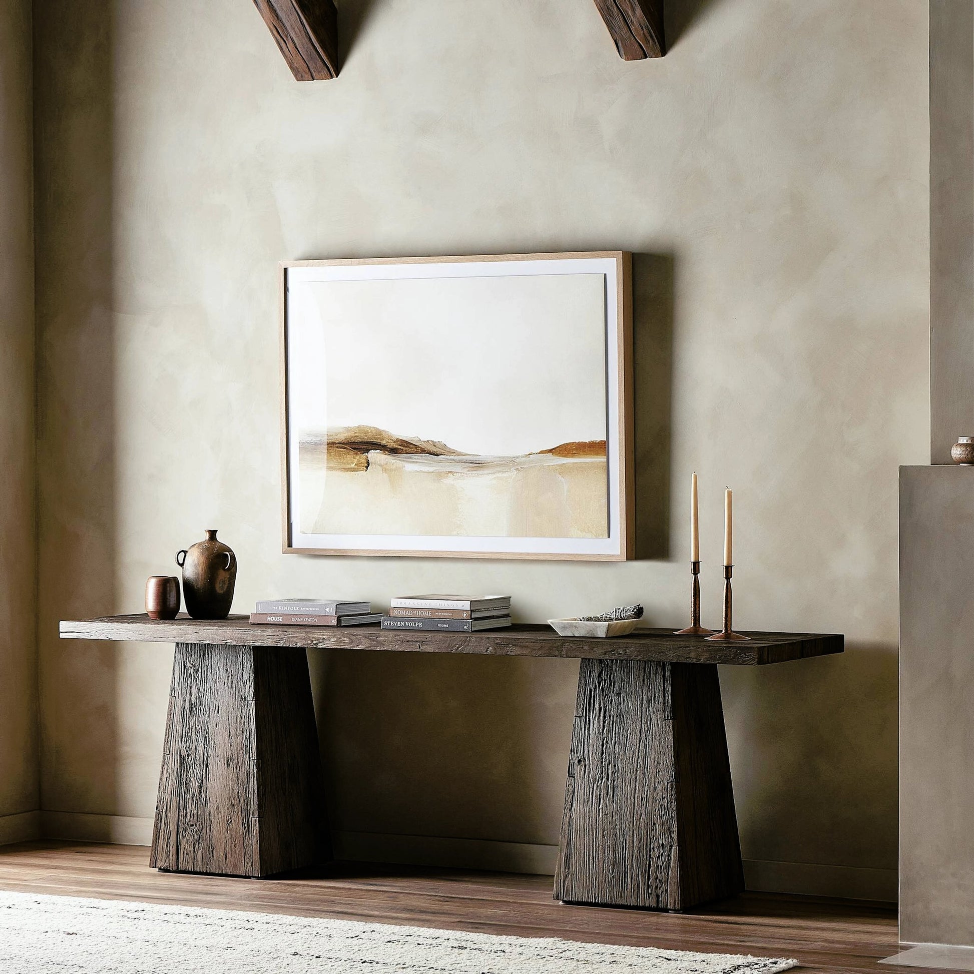 Atlas Console Table by Four Hands in smoked alder. Made from resawn alder, engineered hardwood in a modern style.