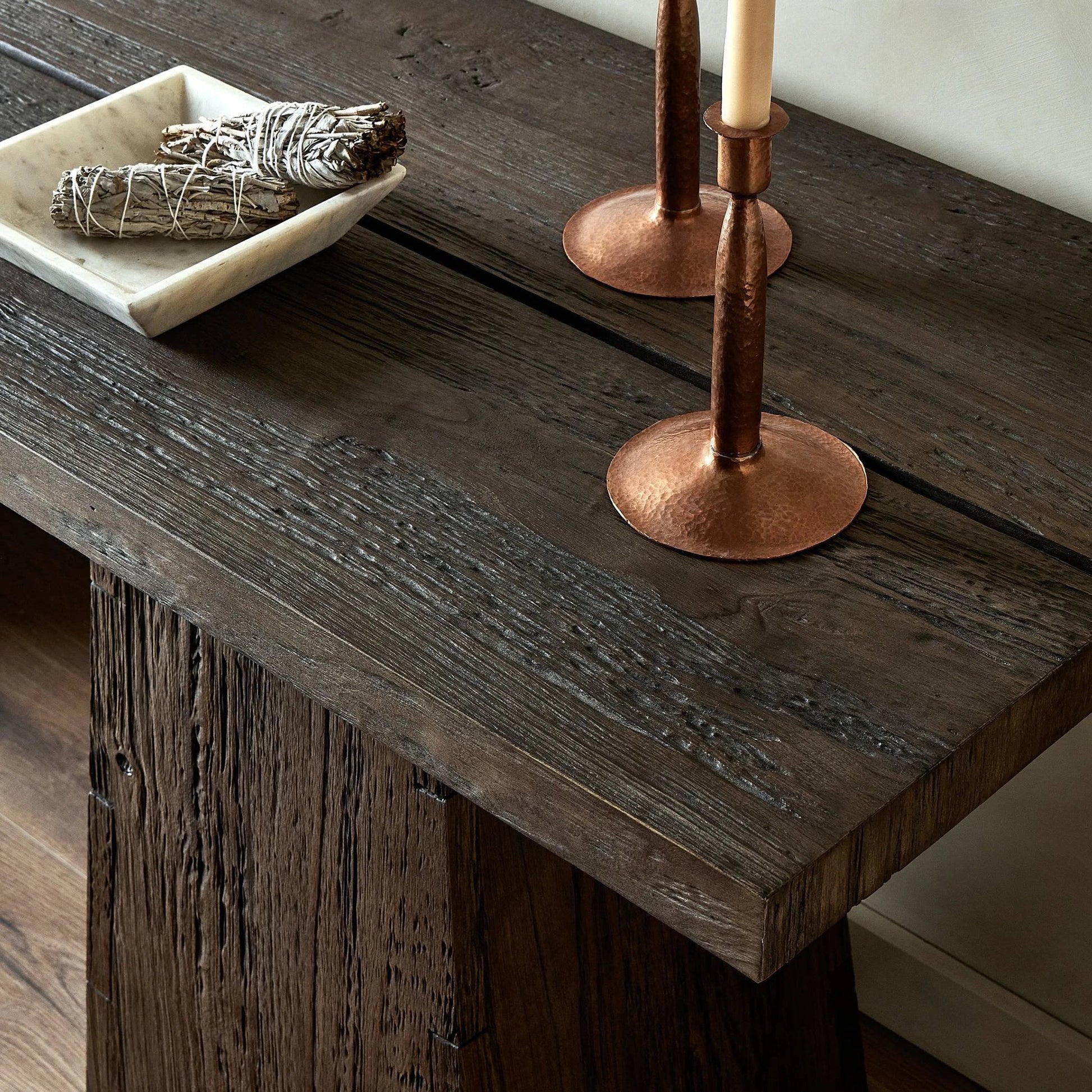 Atlas Console Table by Four Hands in smoked alder. Made from resawn alder, engineered hardwood in a modern style.
