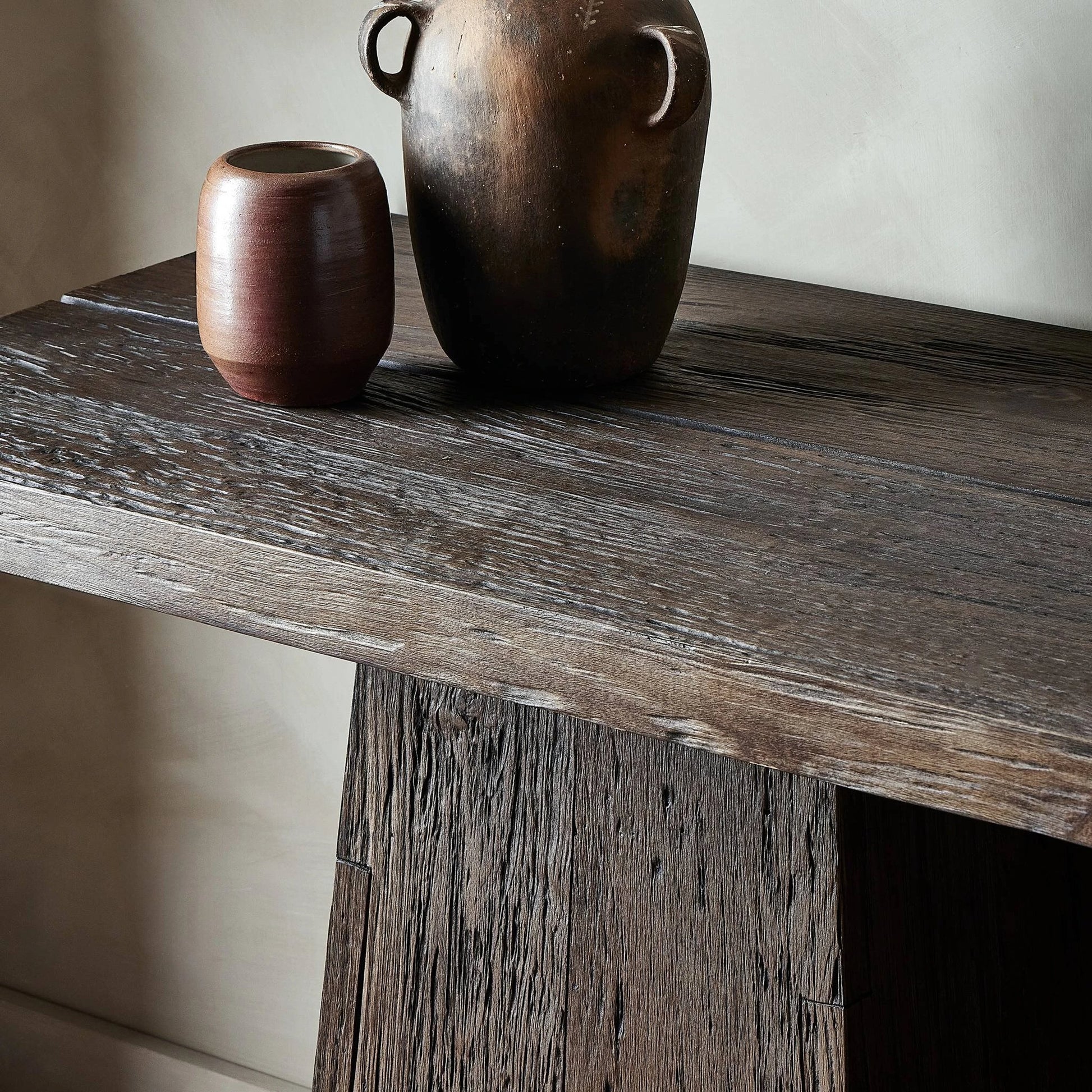 Atlas Console Table by Four Hands in smoked alder. Made from resawn alder, engineered hardwood in a modern style.