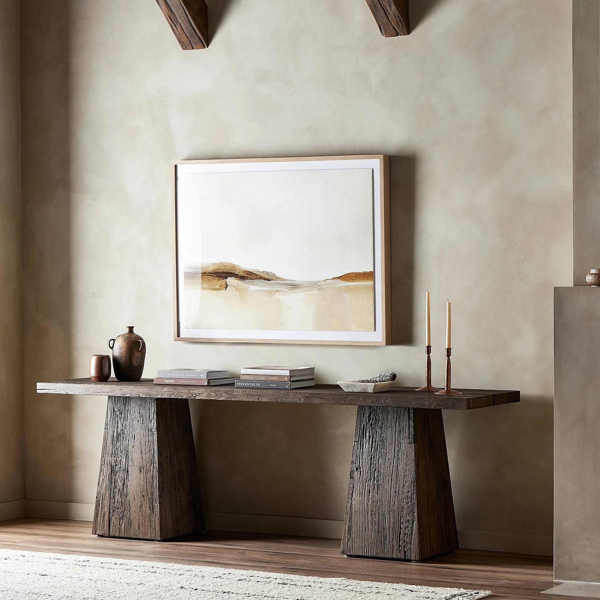Atlas Console Table by Four Hands in smoked alder. Made from resawn alder, engineered hardwood in a modern style.