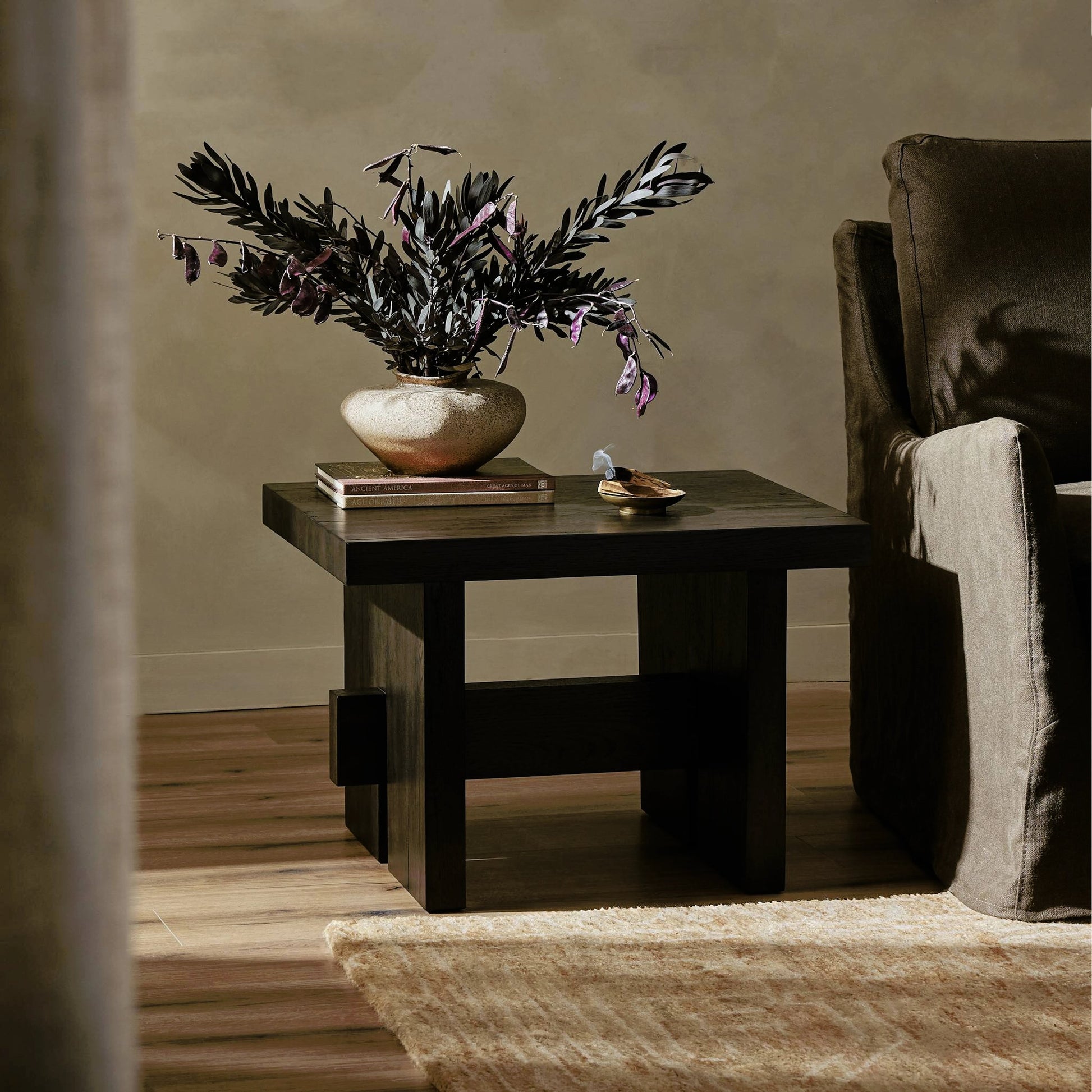 Isaac End Table by Four Hands. Made from thick oak veneer, solid oak in a modern style.