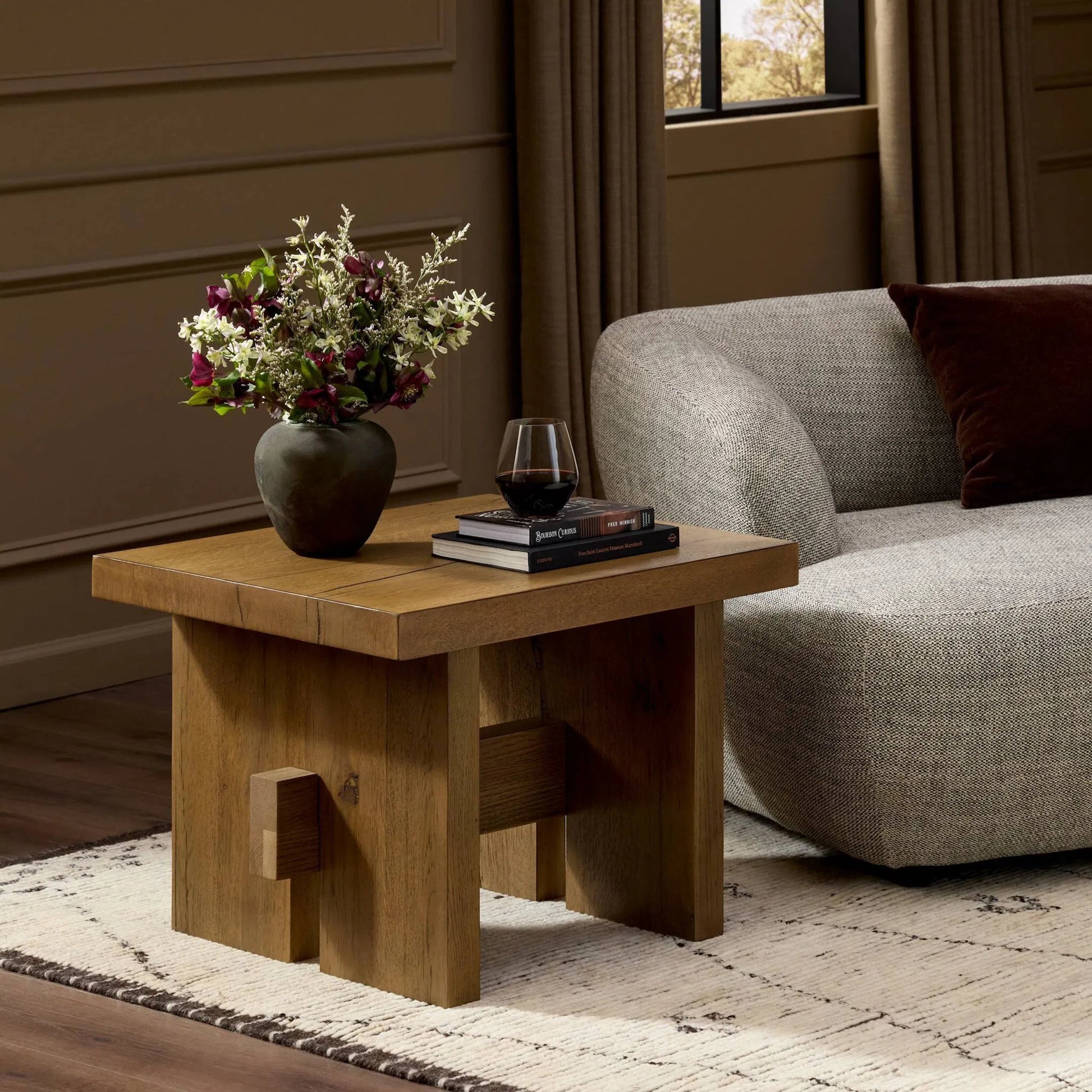 Isaac End Table by Four Hands. Made from thick oak veneer, solid oak in a modern style.