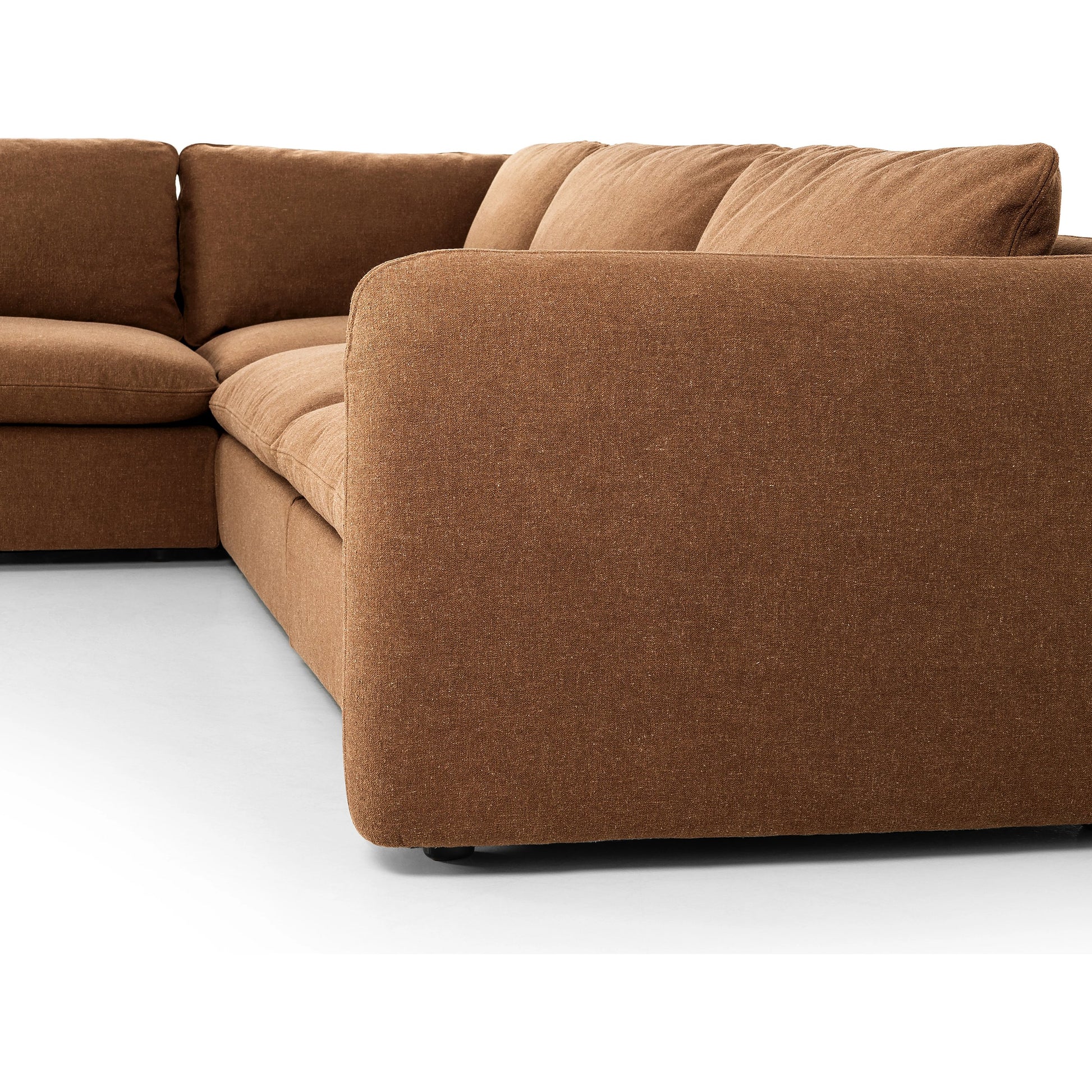 Ingel 4-Piece Sectional with Ottoman by Four Hands in antwerp cafe. Made from 39% linen, 35% cotton, 26% polyester, poplar plywood, 100% polyester in a modern style.