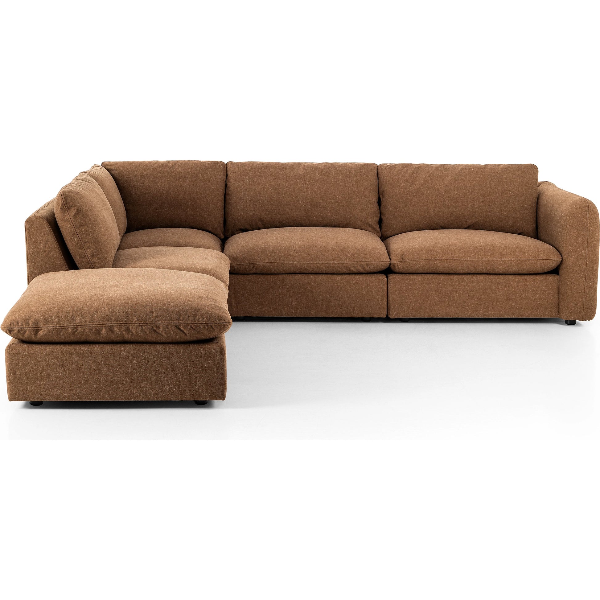Ingel 4-Piece Sectional with Ottoman by Four Hands in antwerp cafe. Made from 39% linen, 35% cotton, 26% polyester, poplar plywood, 100% polyester in a modern style.