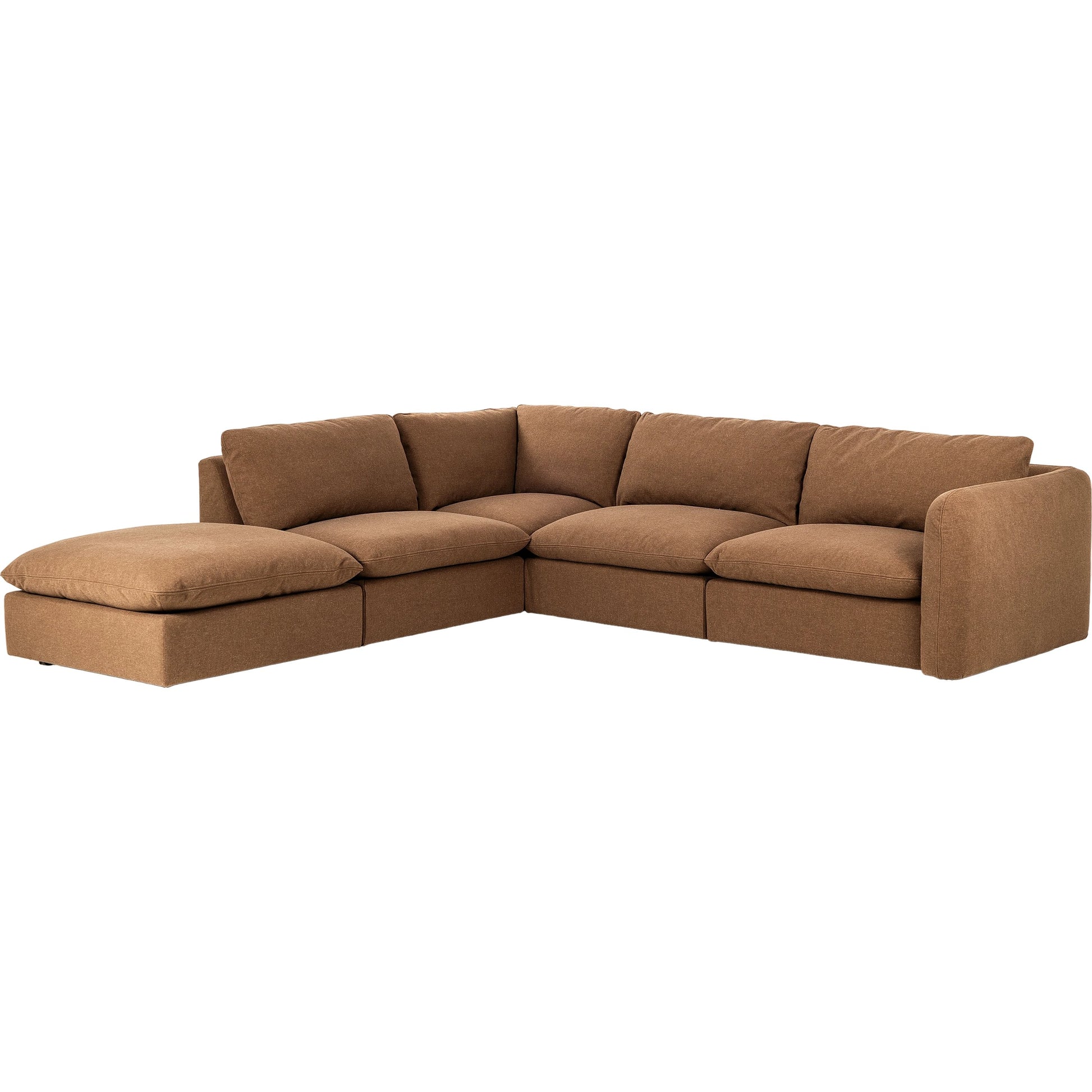 Ingel 4-Piece Sectional with Ottoman by Four Hands in antwerp cafe. Made from 39% linen, 35% cotton, 26% polyester, poplar plywood, 100% polyester in a modern style.