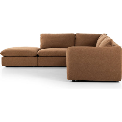 Ingel 4-Piece Sectional with Ottoman by Four Hands in antwerp cafe. Made from 39% linen, 35% cotton, 26% polyester, poplar plywood, 100% polyester in a modern style.