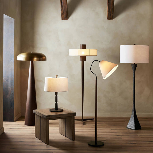 Fordham Floor Lamp by Four Hands in oatmeal linen, rust. Made from iron, 80% linen, 20% polyester, thermoplastic in a modern style.