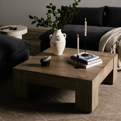 Abaso Small Square Coffee Table by Four Hands in ebony rustic wormwood oak. Made from thick oak veneer, engineered hardwood in a modern style.