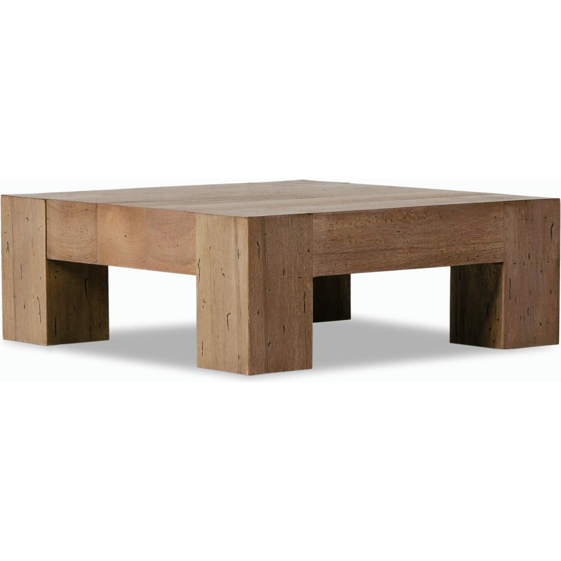 Abaso Small Square Coffee Table by Four Hands in ebony rustic wormwood oak. Made from thick oak veneer, engineered hardwood in a modern style.