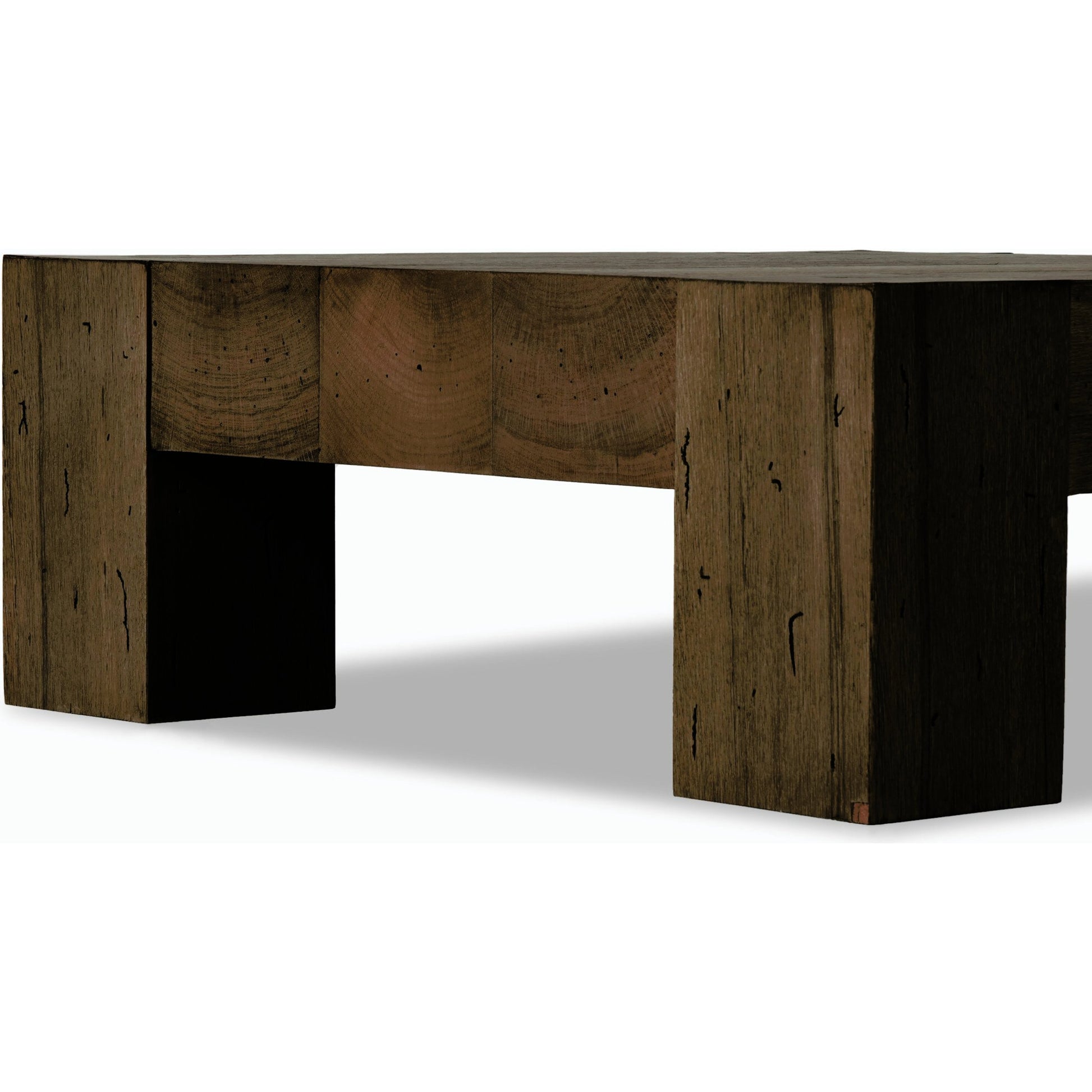 Abaso Small Square Coffee Table by Four Hands in ebony rustic wormwood oak. Made from thick oak veneer, engineered hardwood in a modern style.