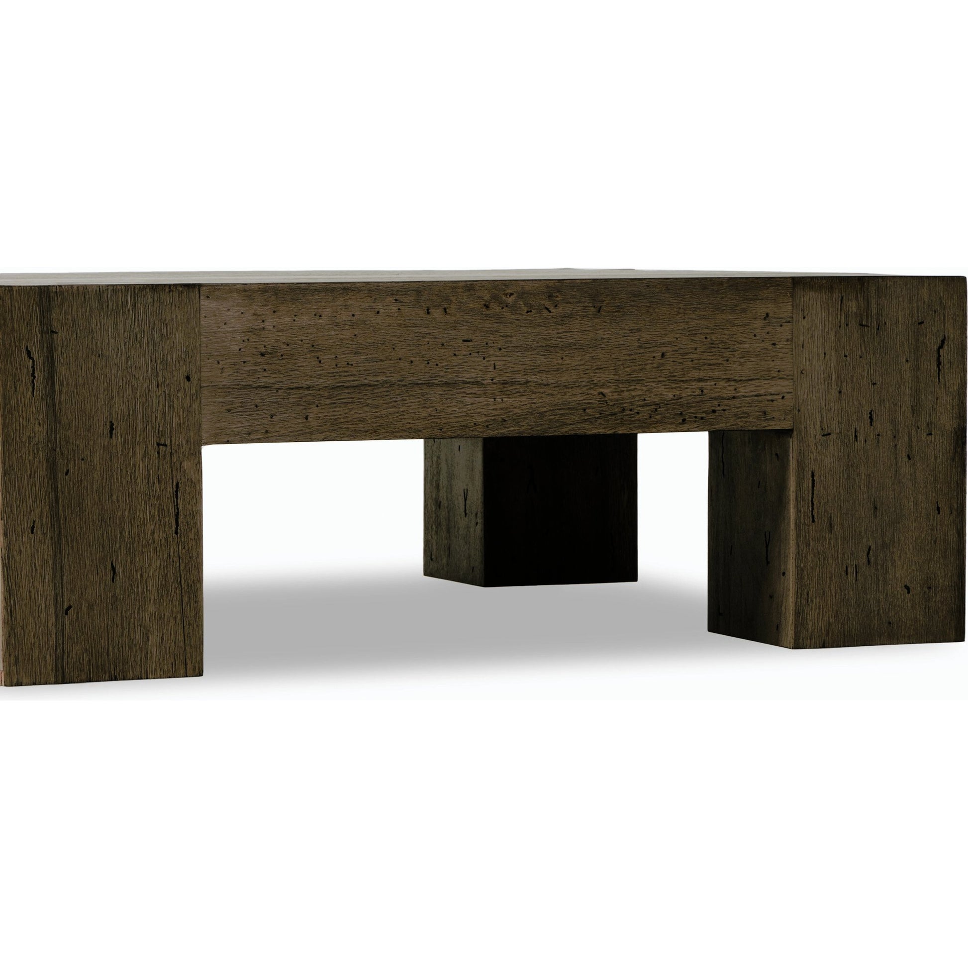 Abaso Small Square Coffee Table by Four Hands in ebony rustic wormwood oak. Made from thick oak veneer, engineered hardwood in a modern style.