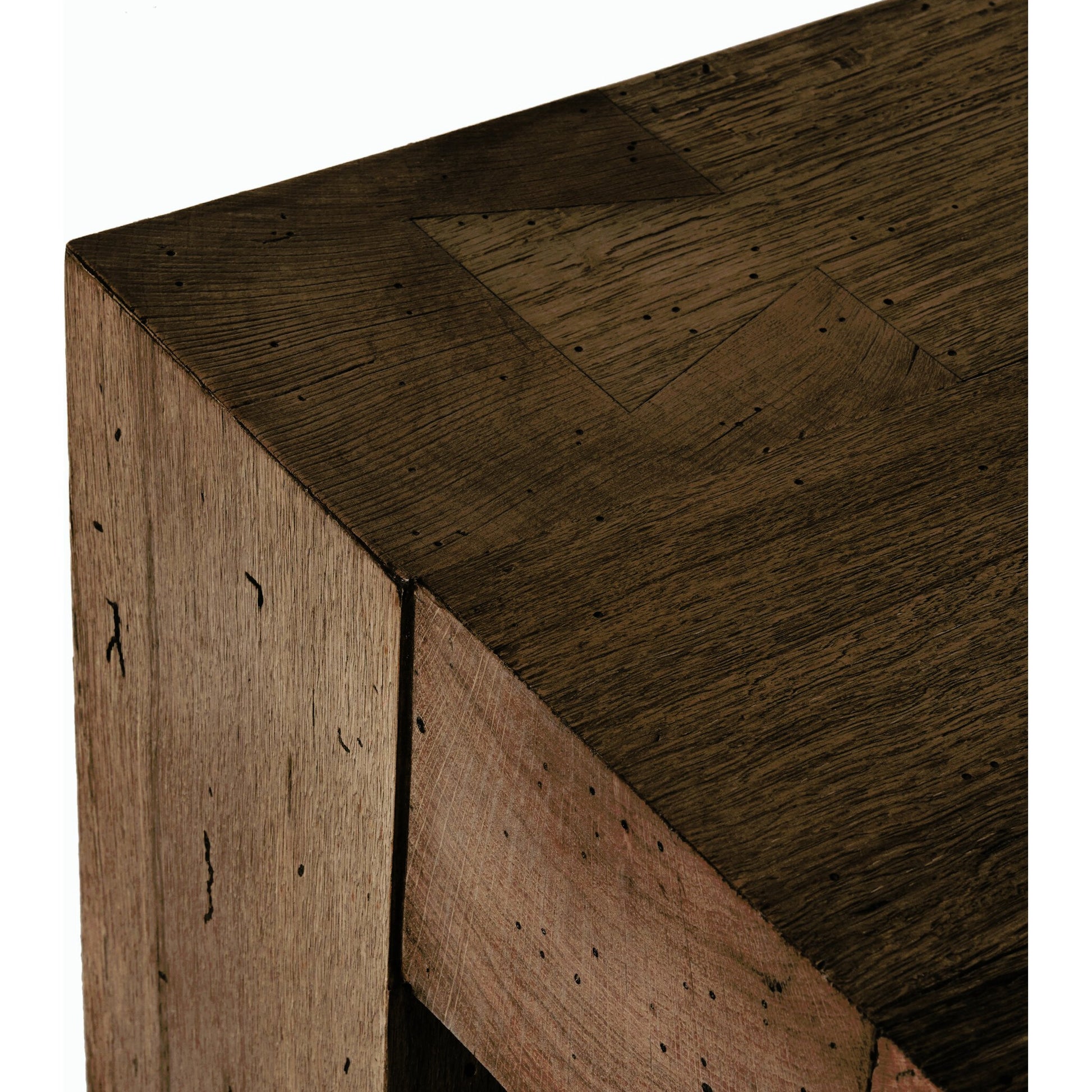 Abaso Small Square Coffee Table by Four Hands in ebony rustic wormwood oak. Made from thick oak veneer, engineered hardwood in a modern style.