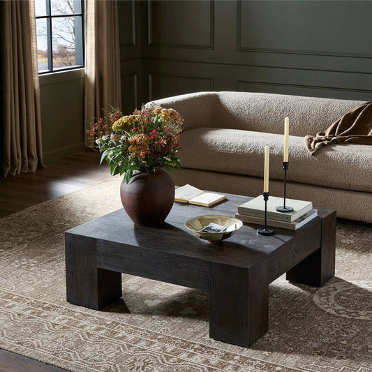 Abaso Small Square Coffee Table by Four Hands. Made from thick oak veneer, engineered hardwood in a modern style.