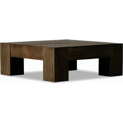 Abaso Small Square Coffee Table by Four Hands in ebony rustic wormwood oak. Made from thick oak veneer, engineered hardwood in a modern style.