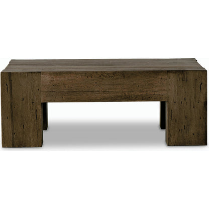 Abaso Small Square Coffee Table by Four Hands in ebony rustic wormwood oak. Made from thick oak veneer, engineered hardwood in a modern style.