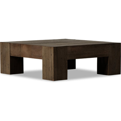 Abaso Small Square Coffee Table by Four Hands in ebony rustic wormwood oak. Made from thick oak veneer, engineered hardwood in a modern style.