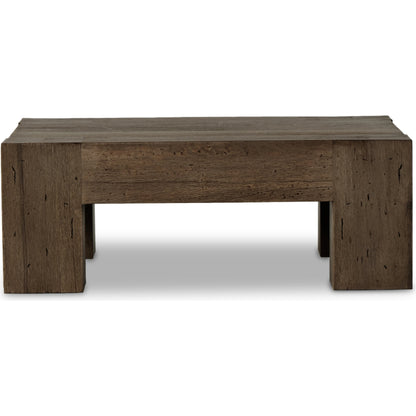 Abaso Small Square Coffee Table by Four Hands in ebony rustic wormwood oak. Made from thick oak veneer, engineered hardwood in a modern style.