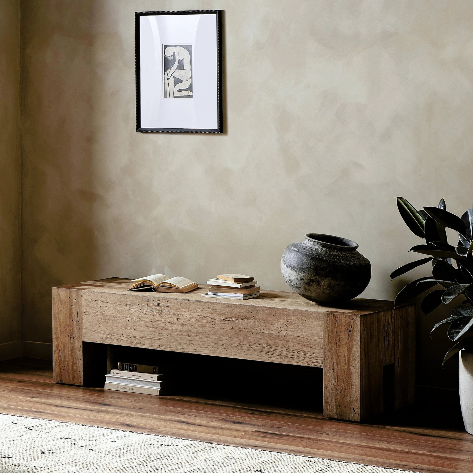 Abaso Accent Bench by Four Hands in ebony rustic wormwood oak. Made from thick oak veneer, engineered hardwood in a modern style.