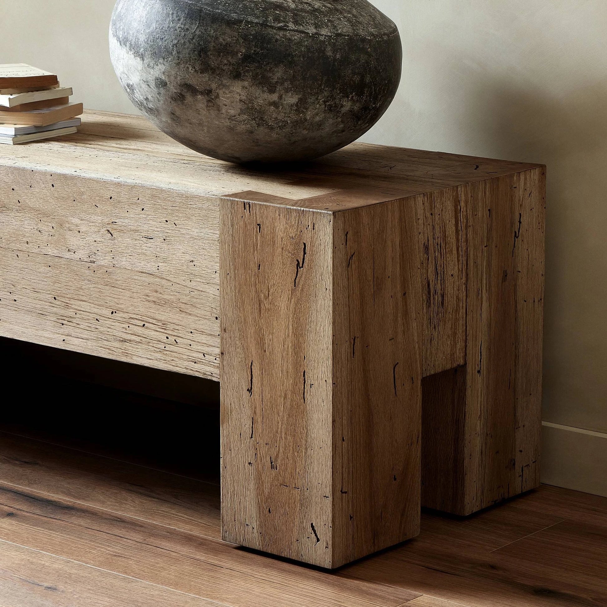 Abaso Accent Bench by Four Hands in ebony rustic wormwood oak. Made from thick oak veneer, engineered hardwood in a modern style.