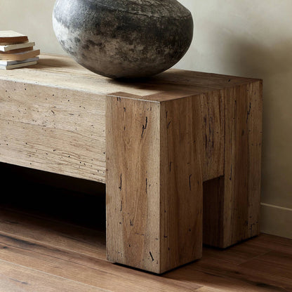 Abaso Accent Bench by Four Hands in ebony rustic wormwood oak. Made from thick oak veneer, engineered hardwood in a modern style.