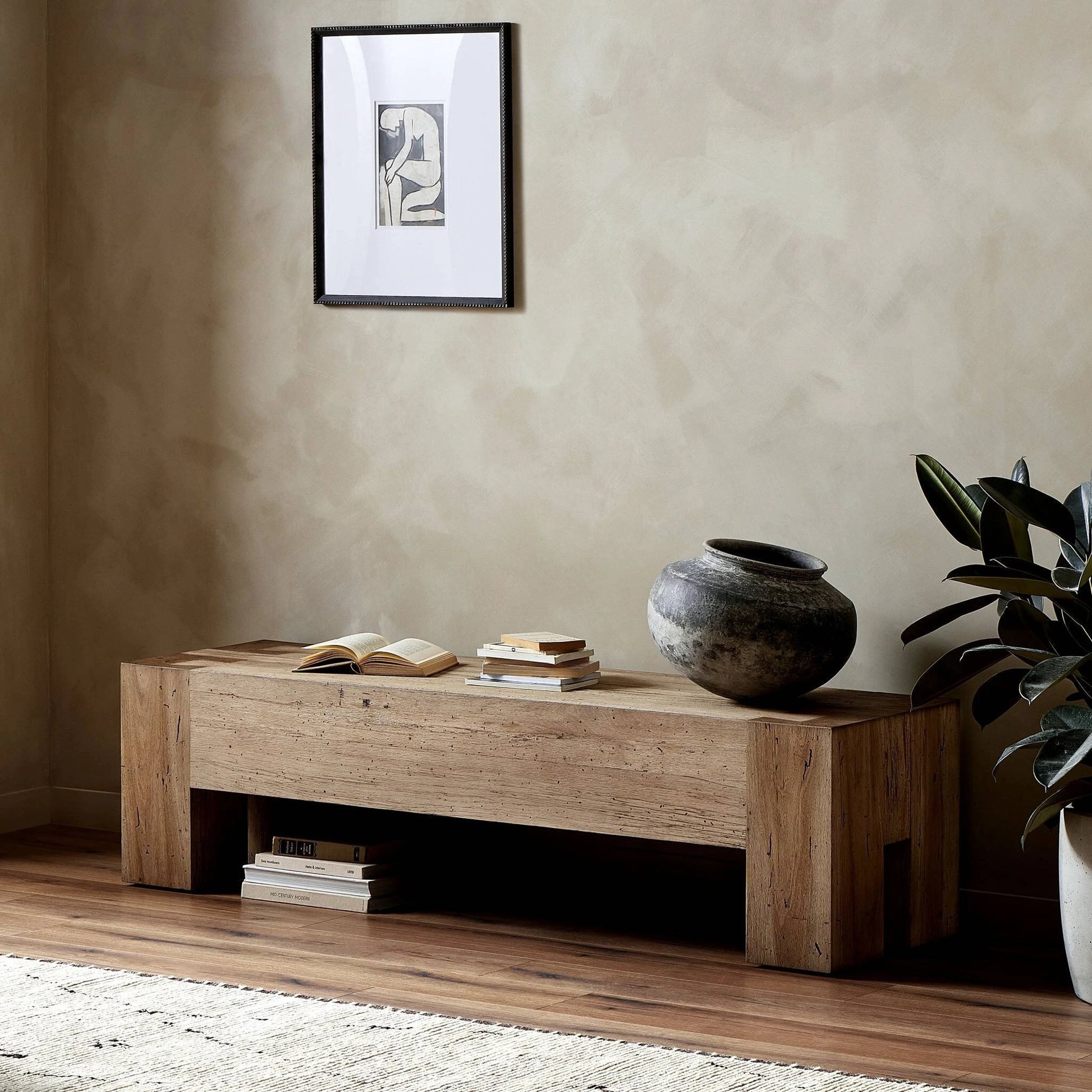 Abaso Accent Bench by Four Hands in ebony rustic wormwood oak. Made from thick oak veneer, engineered hardwood in a modern style.