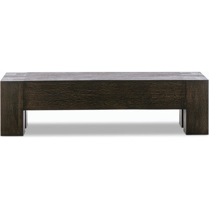 Abaso Accent Bench by Four Hands in ebony rustic wormwood oak. Made from thick oak veneer, engineered hardwood in a modern style.
