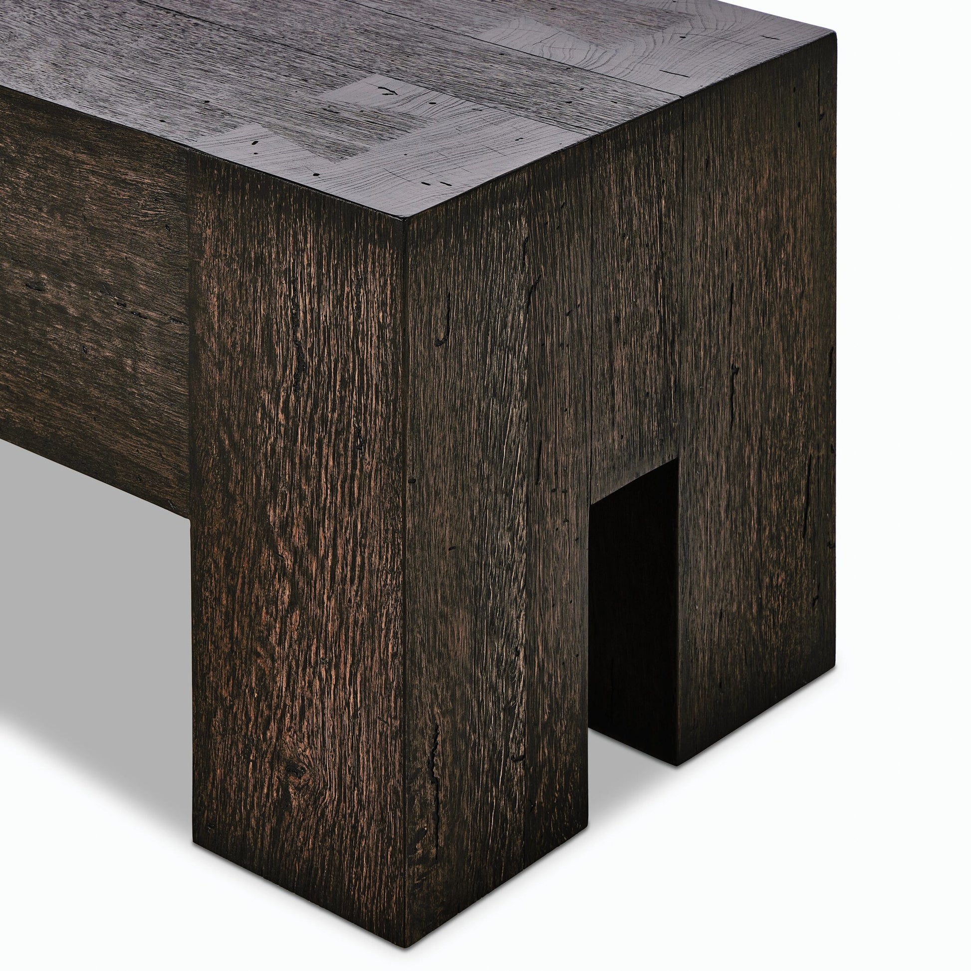 Abaso Accent Bench by Four Hands in ebony rustic wormwood oak. Made from thick oak veneer, engineered hardwood in a modern style.