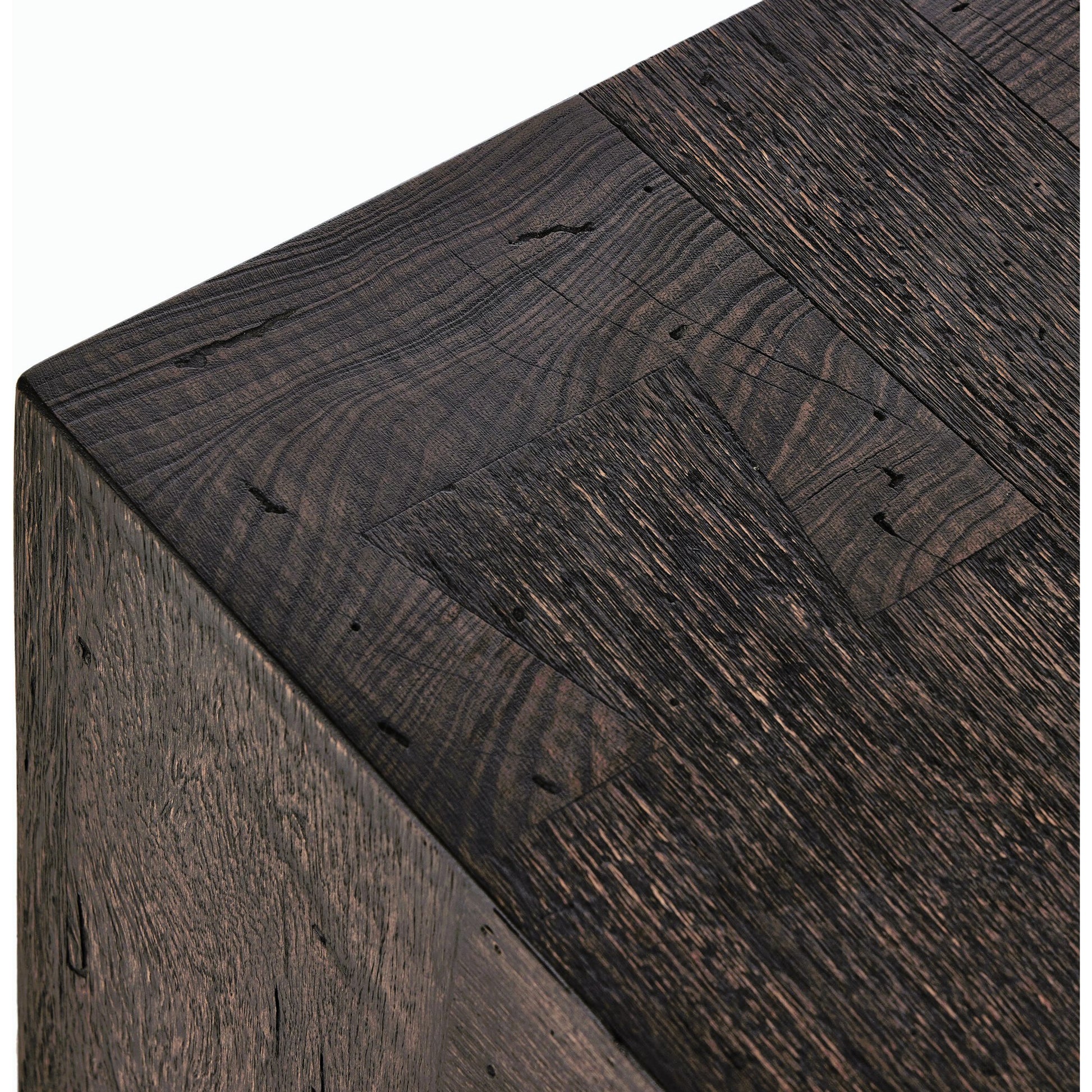 Abaso Accent Bench by Four Hands in ebony rustic wormwood oak. Made from thick oak veneer, engineered hardwood in a modern style.