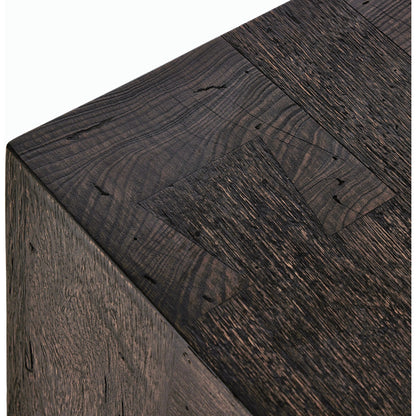Abaso Accent Bench by Four Hands in ebony rustic wormwood oak. Made from thick oak veneer, engineered hardwood in a modern style.