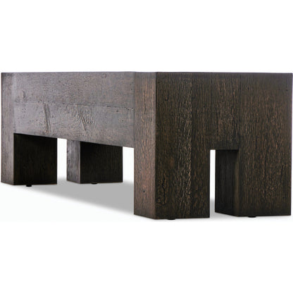 Abaso Accent Bench by Four Hands in ebony rustic wormwood oak. Made from thick oak veneer, engineered hardwood in a modern style.