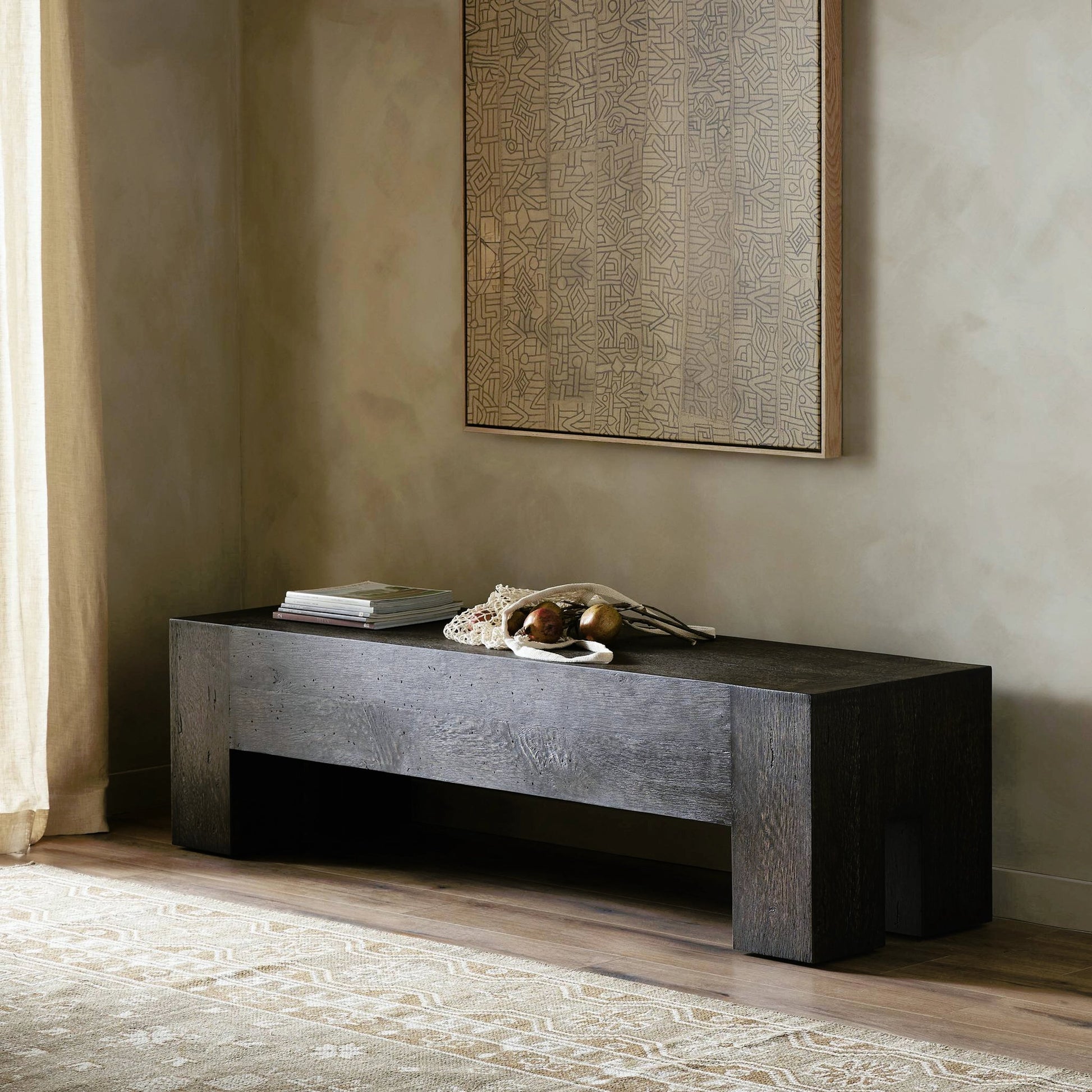 Abaso Accent Bench by Four Hands in ebony rustic wormwood oak. Made from thick oak veneer, engineered hardwood in a modern style.