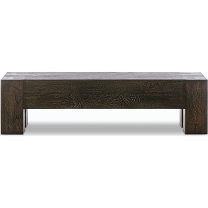 Abaso Accent Bench by Four Hands in ebony rustic wormwood oak. Made from thick oak veneer, engineered hardwood in a modern style.