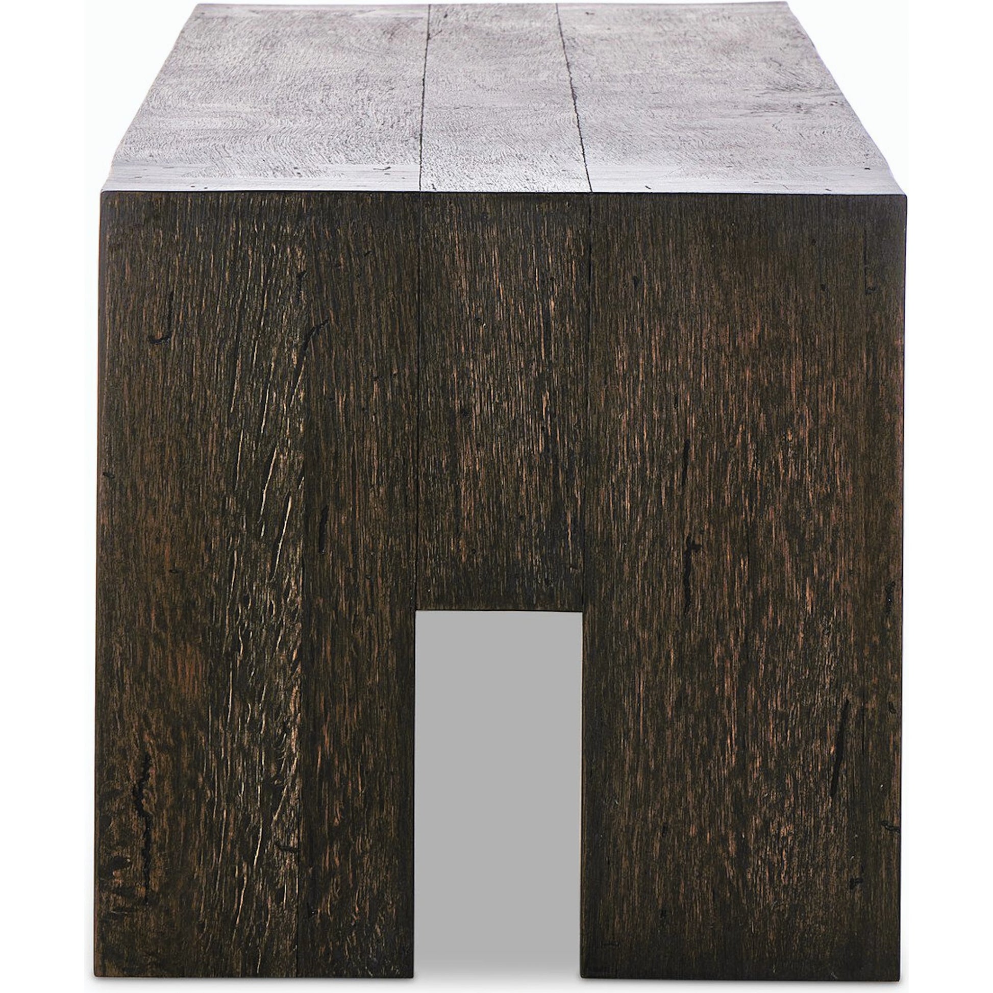 Abaso Accent Bench by Four Hands in ebony rustic wormwood oak. Made from thick oak veneer, engineered hardwood in a modern style.