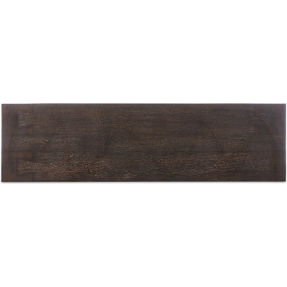 Abaso Accent Bench by Four Hands in ebony rustic wormwood oak. Made from thick oak veneer, engineered hardwood in a modern style.