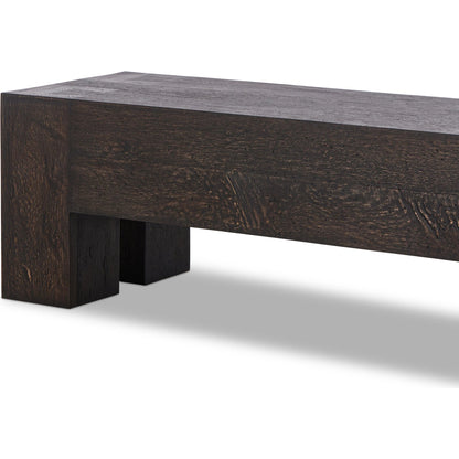 Abaso Accent Bench by Four Hands in ebony rustic wormwood oak. Made from thick oak veneer, engineered hardwood in a modern style.
