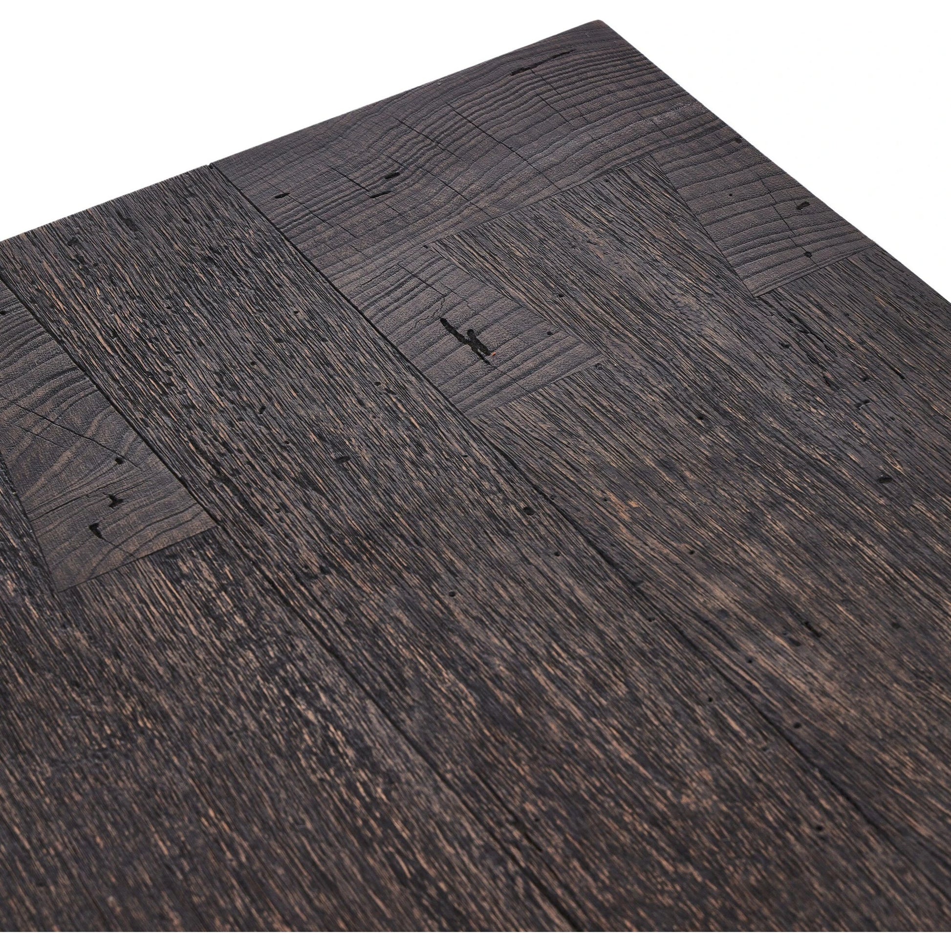Abaso Accent Bench by Four Hands in ebony rustic wormwood oak. Made from thick oak veneer, engineered hardwood in a modern style.