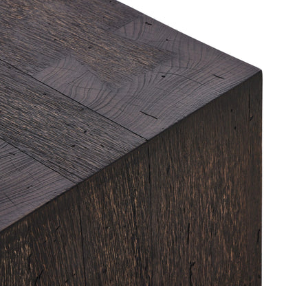 Abaso Accent Bench by Four Hands in ebony rustic wormwood oak. Made from thick oak veneer, engineered hardwood in a modern style.