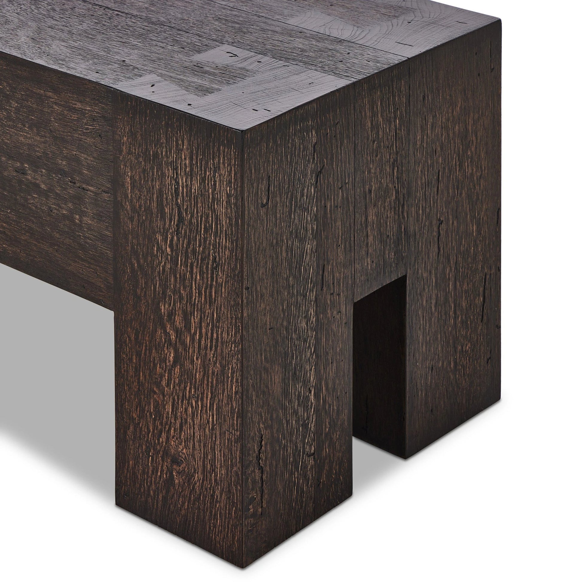 Abaso Accent Bench by Four Hands in ebony rustic wormwood oak. Made from thick oak veneer, engineered hardwood in a modern style.