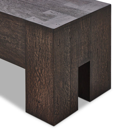 Abaso Accent Bench by Four Hands in ebony rustic wormwood oak. Made from thick oak veneer, engineered hardwood in a modern style.