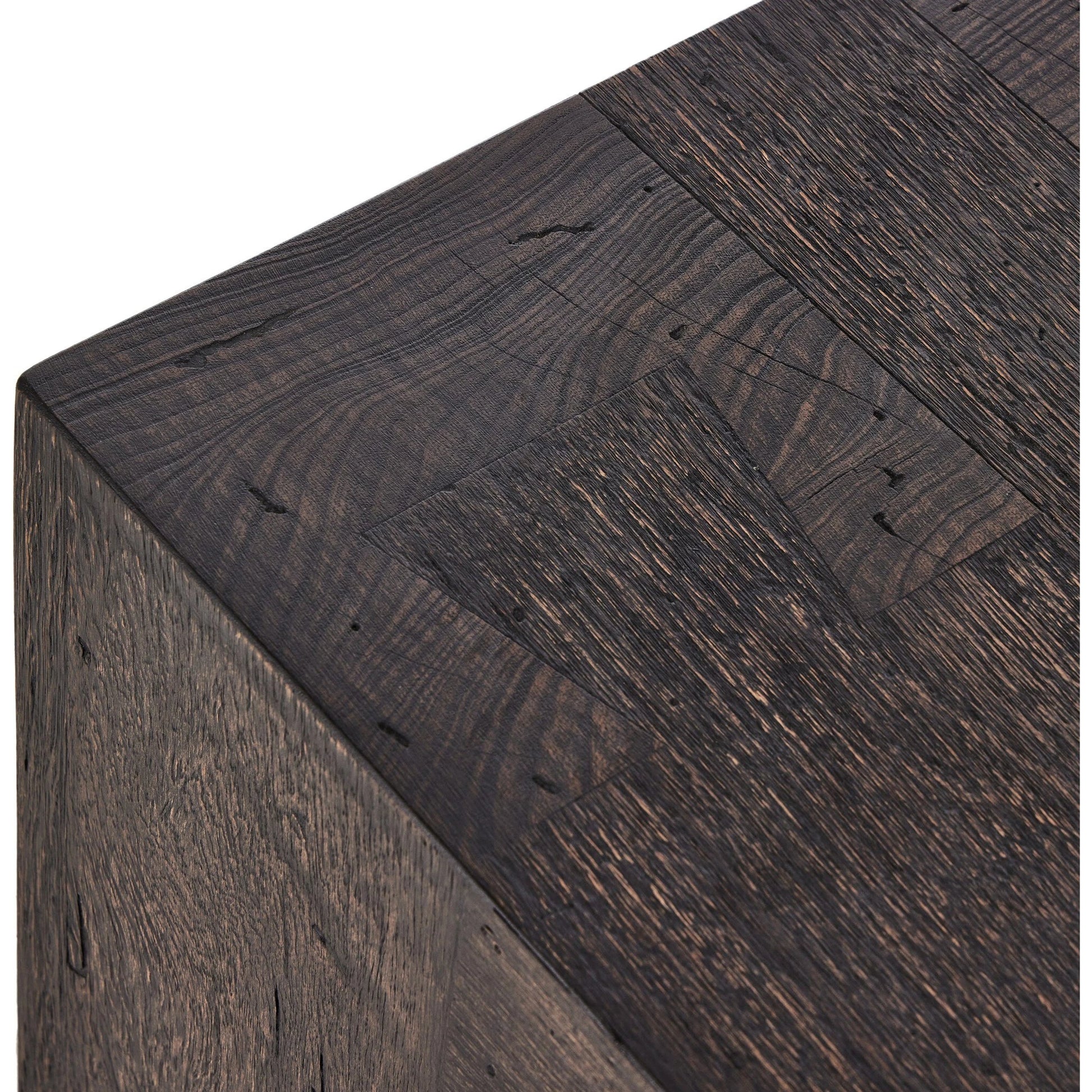 Abaso Accent Bench by Four Hands in ebony rustic wormwood oak. Made from thick oak veneer, engineered hardwood in a modern style.