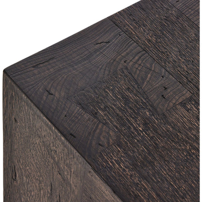 Abaso Accent Bench by Four Hands in ebony rustic wormwood oak. Made from thick oak veneer, engineered hardwood in a modern style.