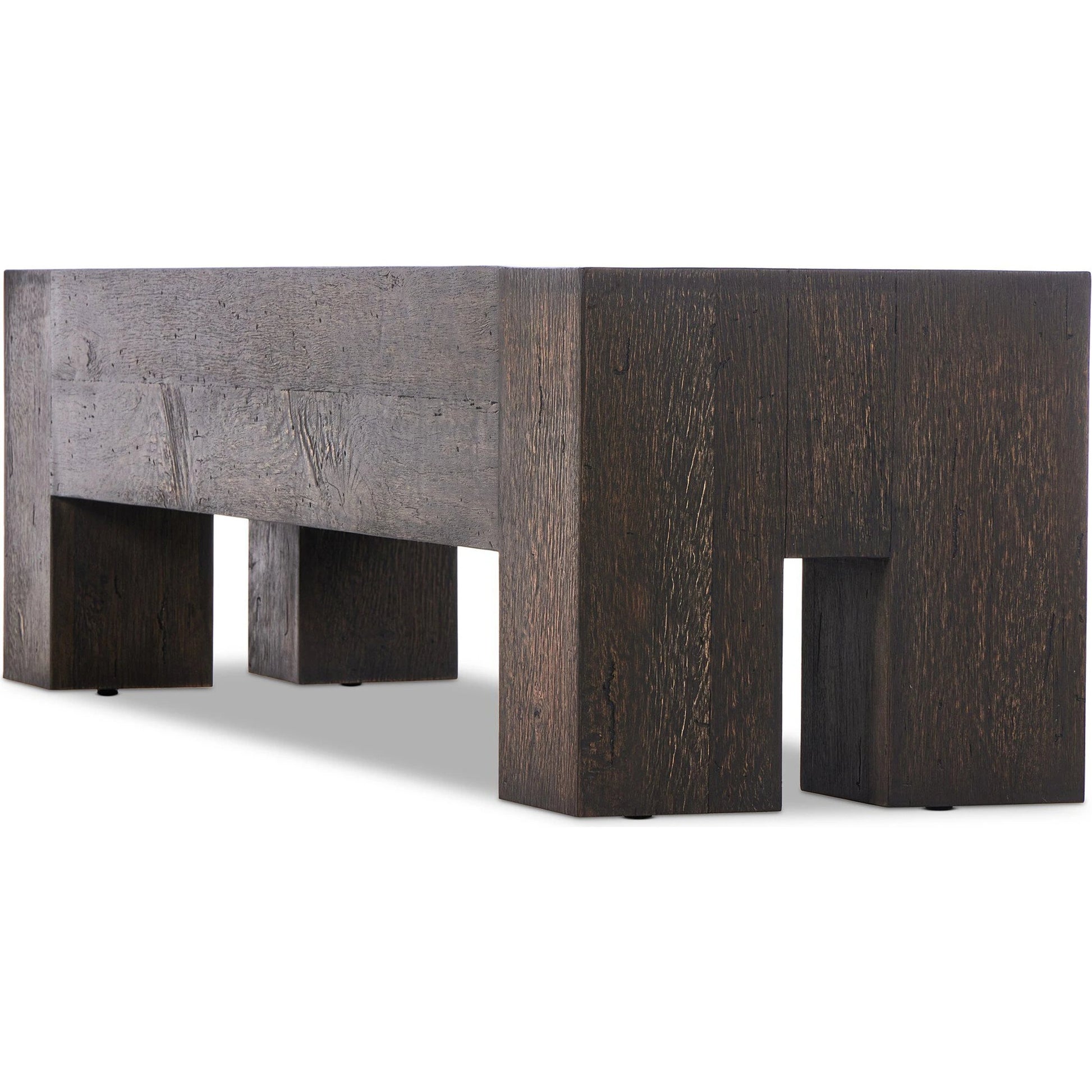 Abaso Accent Bench by Four Hands in ebony rustic wormwood oak. Made from thick oak veneer, engineered hardwood in a modern style.