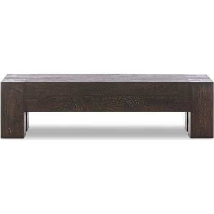 Abaso Accent Bench by Four Hands in ebony rustic wormwood oak. Made from thick oak veneer, engineered hardwood in a modern style.