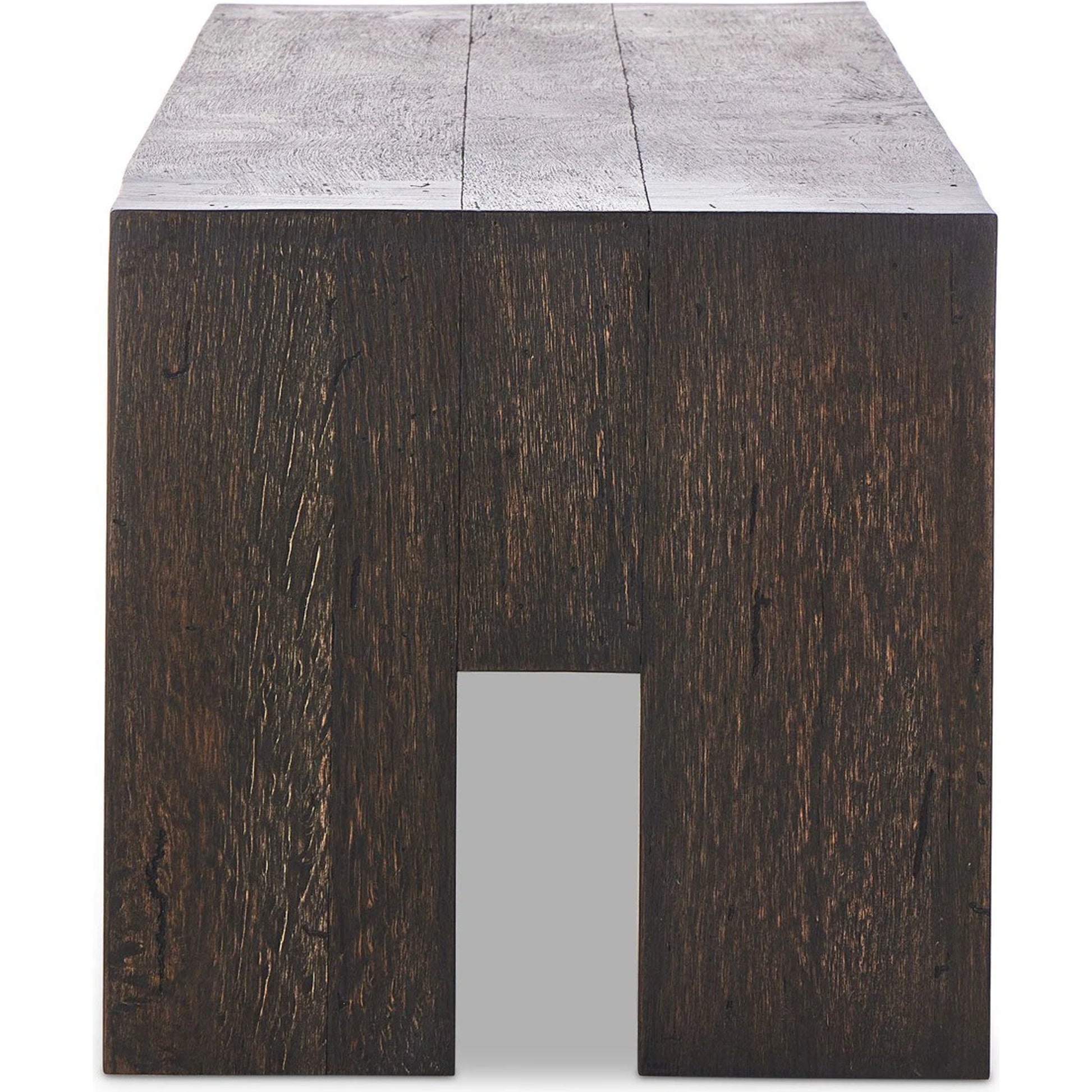 Abaso Accent Bench by Four Hands in ebony rustic wormwood oak. Made from thick oak veneer, engineered hardwood in a modern style.