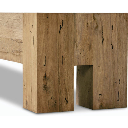 Abaso Large Accent Bench by Four Hands in ebony rustic wormwood oak. Made from thick oak veneer, engineered hardwood in a modern style.