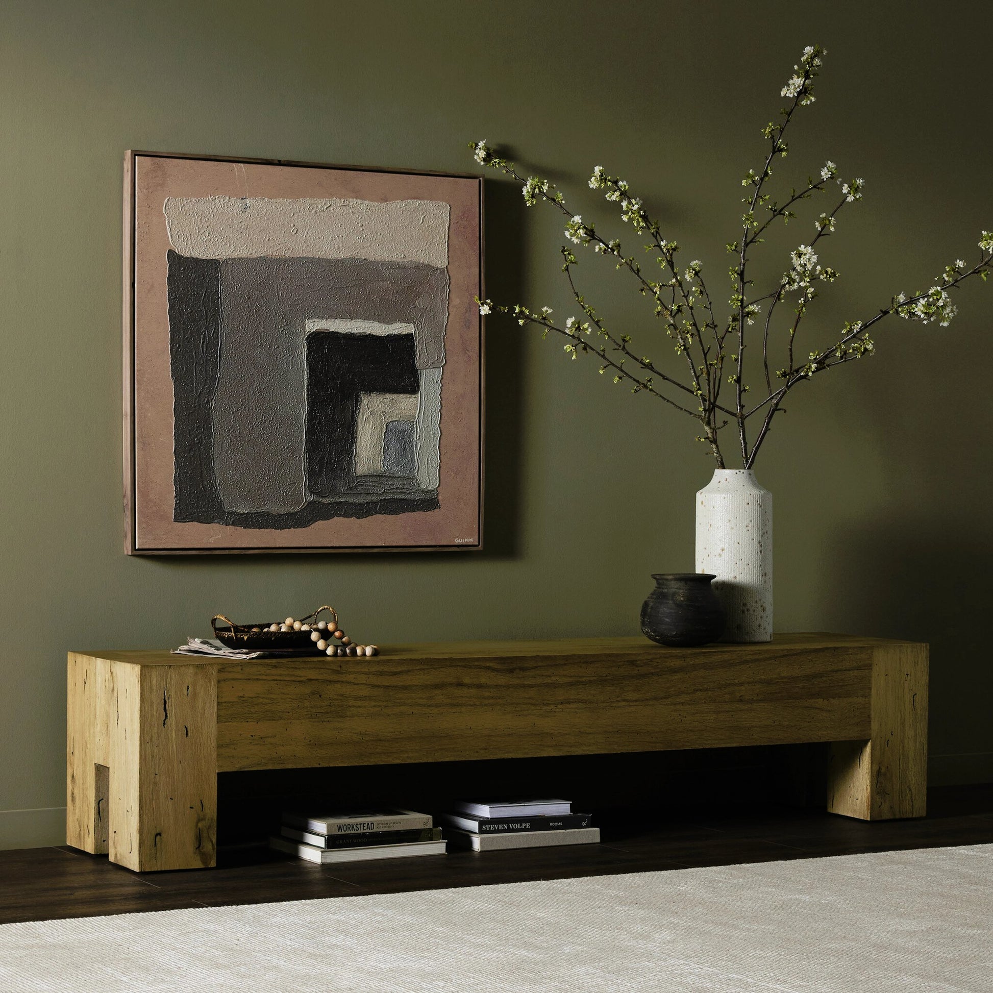 Abaso Large Accent Bench by Four Hands in ebony rustic wormwood oak. Made from thick oak veneer, engineered hardwood in a modern style.