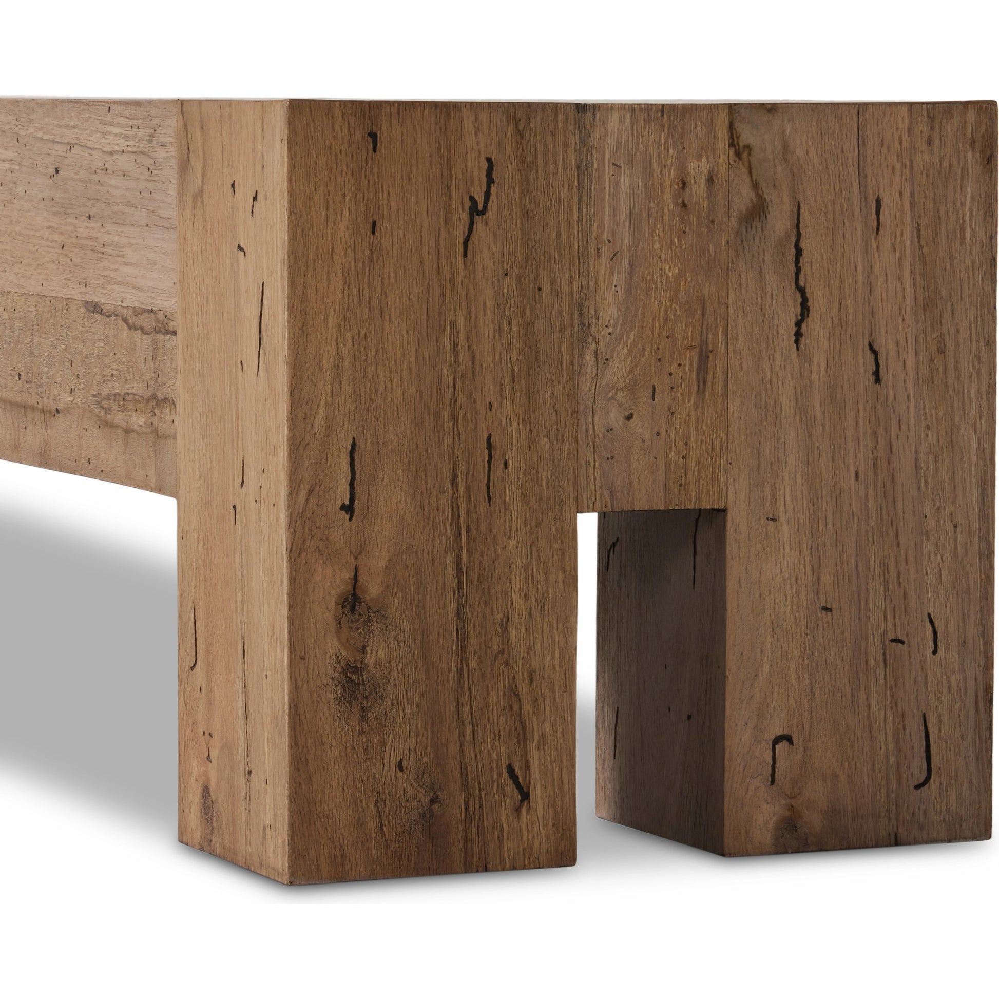 Abaso Large Accent Bench by Four Hands in ebony rustic wormwood oak. Made from thick oak veneer, engineered hardwood in a modern style.