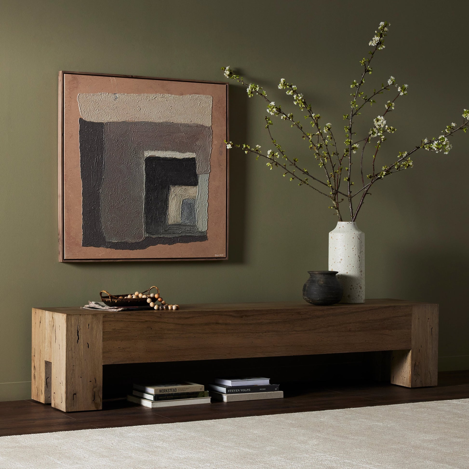 Abaso Large Accent Bench by Four Hands in ebony rustic wormwood oak. Made from thick oak veneer, engineered hardwood in a modern style.